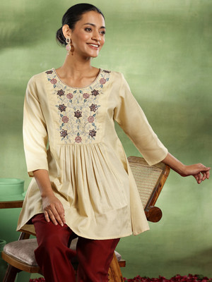 LIBAS Women Floral Print A-line Kurta(Beige)