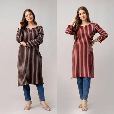 HouseOfCommon Women Striped, Self Design A-line Kurta(Black, Maroon)