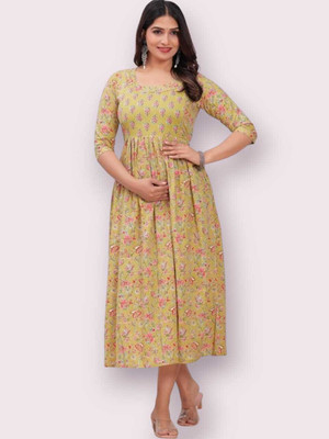 HOUSE OFF COMMON Women Printed Anarkali Kurta(Yellow)