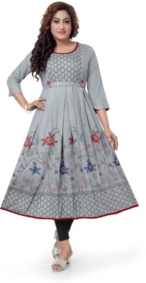 Hur Fashion Zone Women Block Print Anarkali Kurta(Grey)