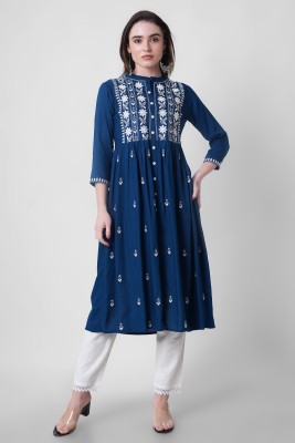 Purvija Kurties Women Embroidered Anarkali Kurta(Dark Blue)