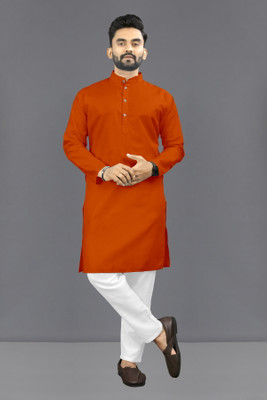 Shree Dutt Creation Men Solid Straight Kurta(Orange)