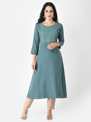 Span Women Self Design A-line Kurta(Green)