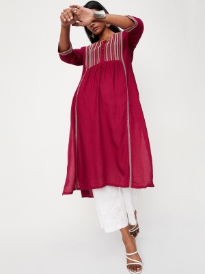 MAX Women Embroidered Straight Kurta(Red)