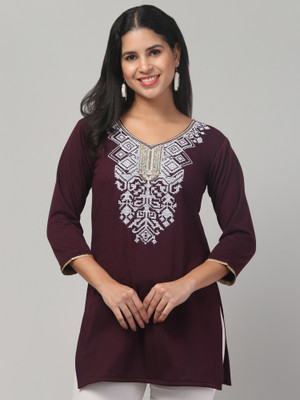 KGFONECLOTH Women Embroidered Straight Kurta(Purple)