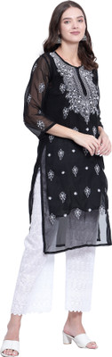 DINESHSHOP Women Chikan Embroidery Straight Kurta(Black)