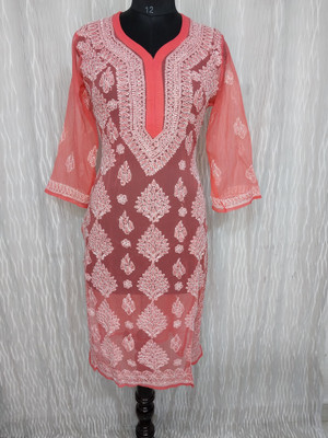 The Chikankari Story Women Chikan Embroidery Straight Kurta(Orange)