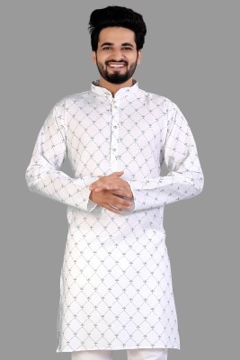 LYPLO Men Printed Straight Kurta(White)