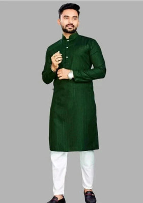 Shivgarmets Men Striped, Solid A-line Kurta(Green)