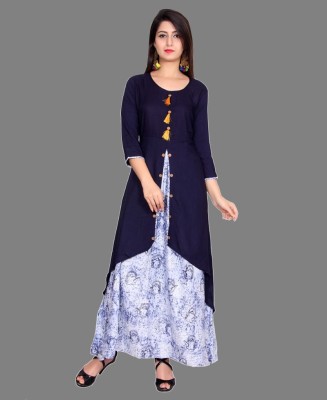 METRO-FASHION Women Printed Frontslit Kurta(Blue)