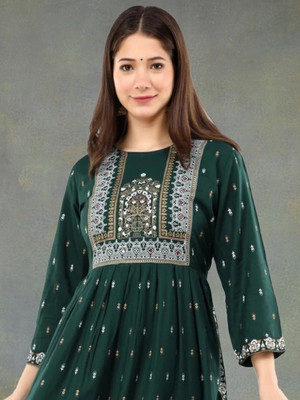 MARISY Women Embellished A-line Kurta(Dark Green)