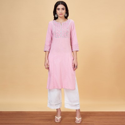 YU by Pantaloons Women Embroidered Straight Kurta(Pink)