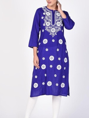 StreeFashion Women Chikan Embroidery Straight Kurta(Blue)