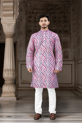 DHASU TRENDZ Men Printed Straight Kurta(Pink)