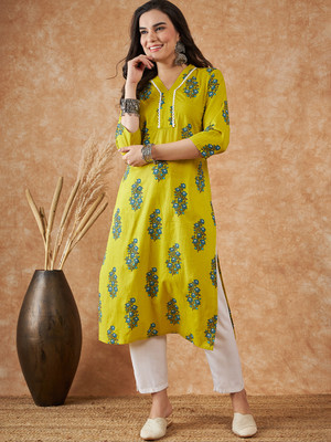 Sangria Women Printed A-line Kurta(Yellow)