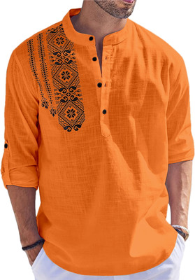 HOPEWEAR Men Printed Straight Kurta(Orange)