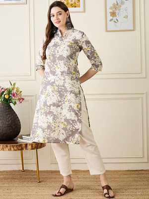 ANOUK Women Floral Print Straight Kurta(White)