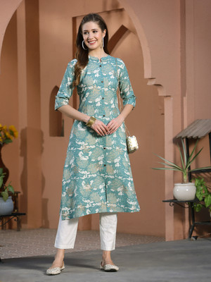 Stylum Women Floral Print A-line Kurta(Blue)