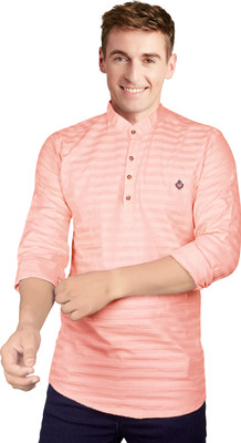 JUST BLACK Men Striped Straight Kurta(Pink)