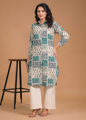 SAANWRI Women Floral Print A-line Kurta(Green)