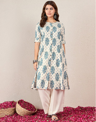 Skylee Women Floral Print, Embellished Straight Kurta(White, Blue)