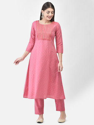 Span Women Self Design A-line Kurta(Pink, White)