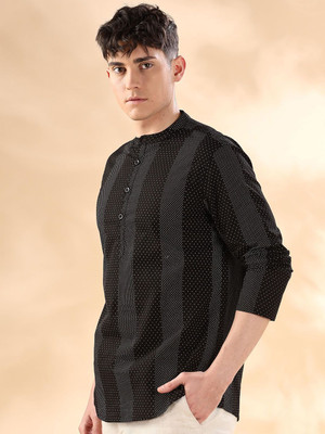 ANOUK Men Striped Straight Kurta(Black)