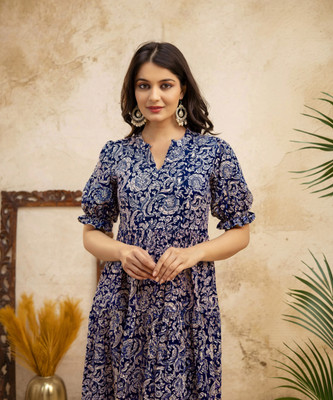 Presha Women Floral Print Flared Kurta(Blue)