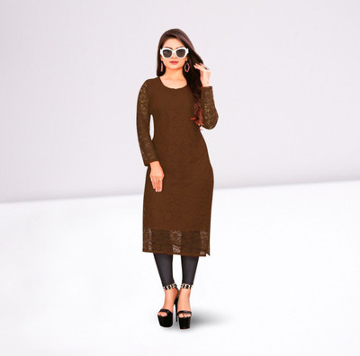 HOC's Women Self Design Straight Kurta(Brown)
