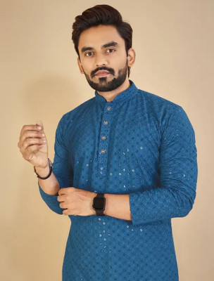 grantox Men Self Design, Embellished Straight Kurta(Blue)