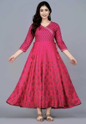 USSMA Women Printed Anarkali Kurta(Pink)