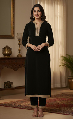 ETHNOQU Women Solid, Embroidered Straight Kurta(Black)