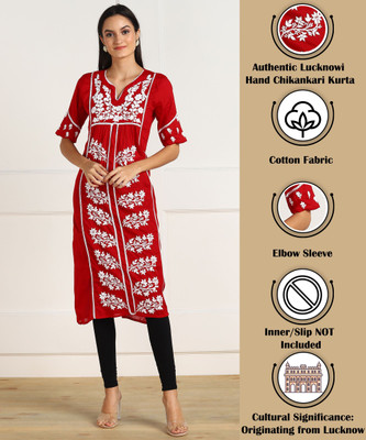 VAHSON Women Chikan Embroidery Straight Kurta(Red)