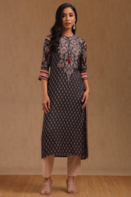 soch Women Floral Print Straight Kurta(Black)