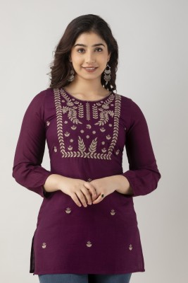 Charu Women Embroidered Straight Kurta(Purple, Beige)