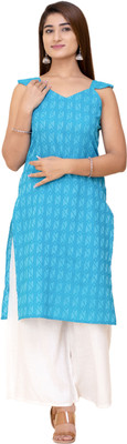 Sharleez Women Printed Straight Kurta(Blue, White)