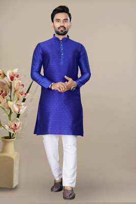 VALAKI Men Woven Design Straight Kurta(Dark Blue)