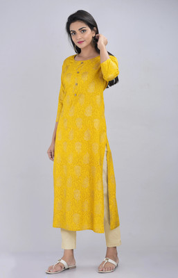 Hisham Women Printed Straight Kurta(Yellow)