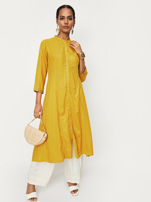 MAX Women Embroidered Straight Kurta(Yellow, Blue)