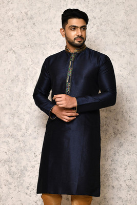RANAK Men Solid, Embroidered Straight Kurta(Blue)