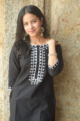 Ethic Glance Women Embroidered A-line Kurta(Black)