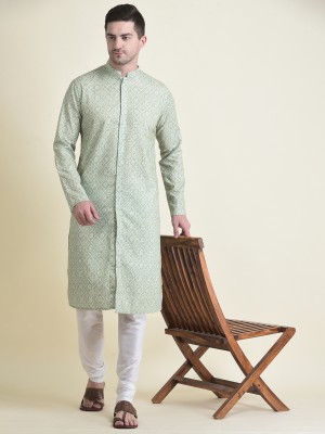 Tabard Men Printed Frontslit Kurta(Green)