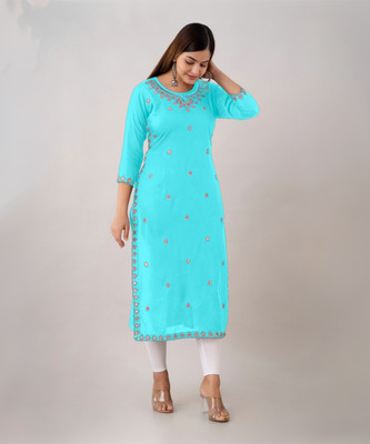 Udati Kaliya Women Embroidered Straight Kurta(Blue)