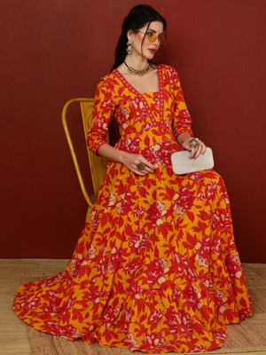KIMAYRA Women Printed Flared Kurta(Yellow)