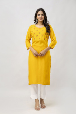 JyotiFashio Women Embroidered Straight Kurta(Yellow)