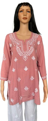 LataKari Women Chikan Embroidery A-line Kurta(Pink, White)