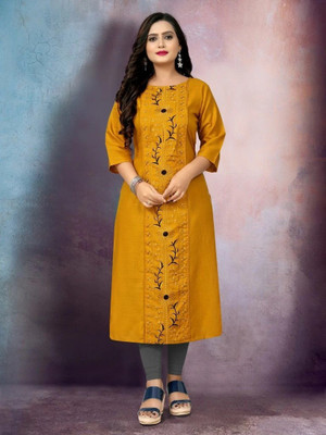 Ladylaz Women Embroidered Straight Kurta(Yellow)