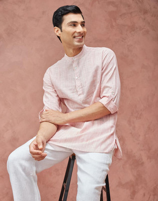 Fabindia Men Woven Design Straight Kurta(Pink)