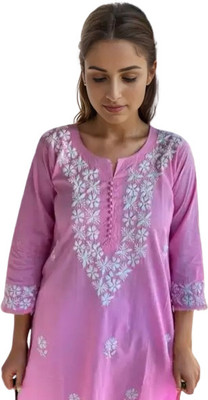 Elaasa Women Chikan Embroidery Straight Kurta(Pink)