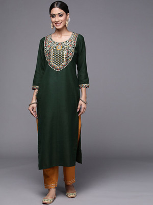 ANOUK Women Embroidered Straight Kurta(Green)